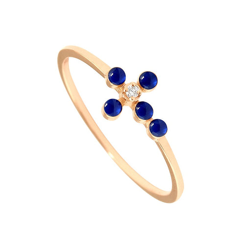 Gigi Clozeau - Pearled Cross Diamond Lapis Ring, Rose Gold, Size 4.75