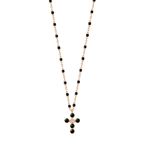Gigi Clozeau - Pearled Cross Diamond Necklace, Black, Rose Gold, 16.5