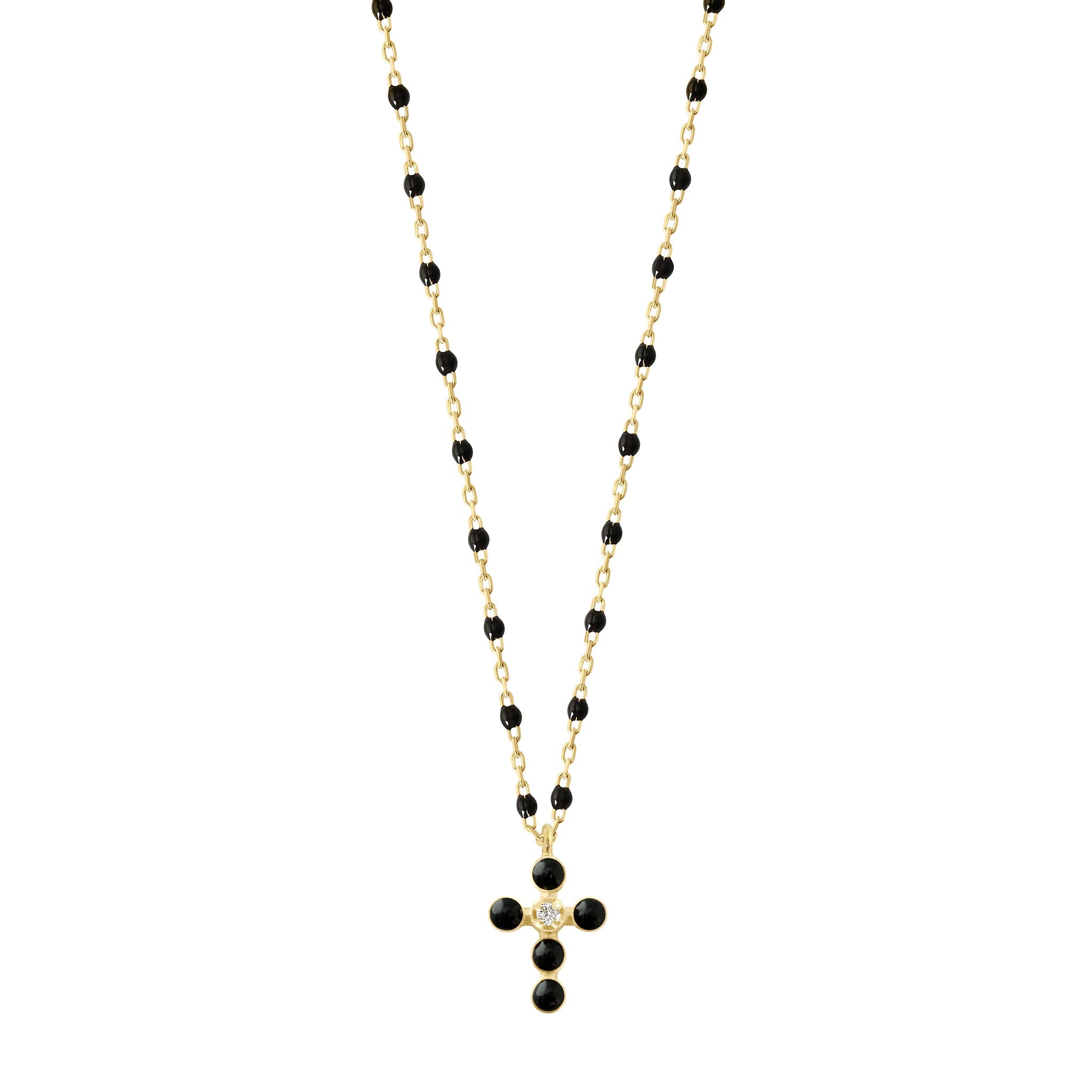 Gigi Clozeau - Pearled Cross Diamond Necklace, Black, Yellow Gold, 16.5"