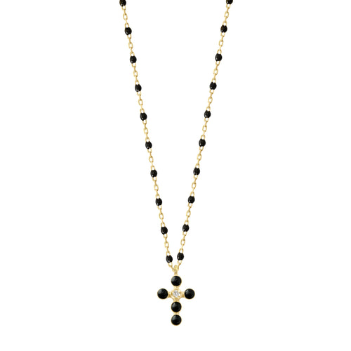 Gigi Clozeau - Pearled Cross Diamond Necklace, Black, Yellow Gold, 16.5