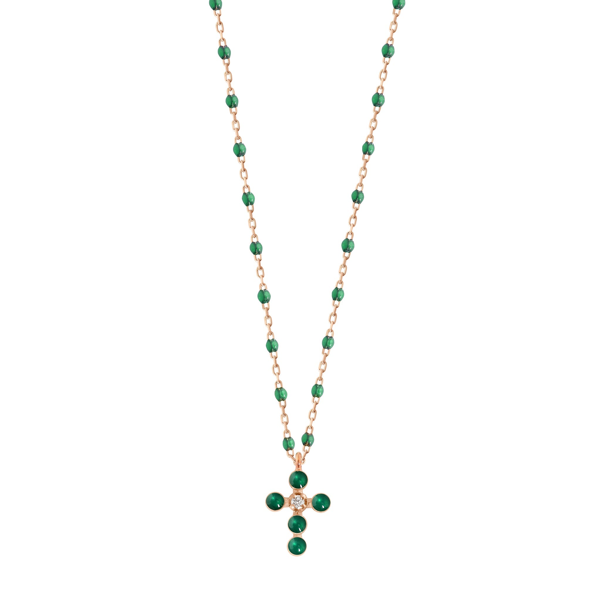 Gigi Clozeau - Pearled Cross Diamond Necklace, Emerald, Rose Gold, 16.5"