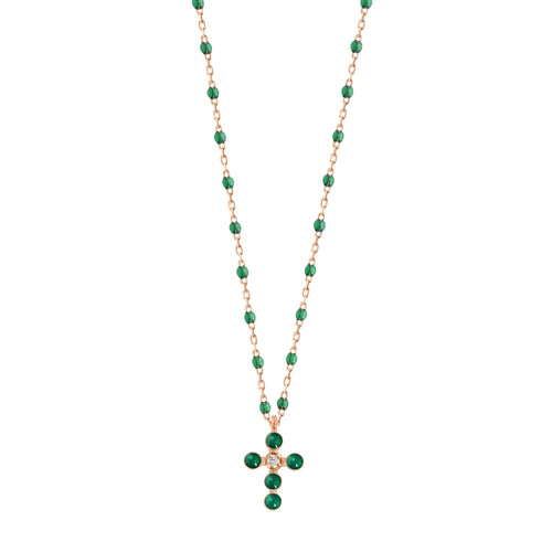 Gigi Clozeau - Pearled Cross Diamond Necklace, Emerald, Rose Gold, 16.5