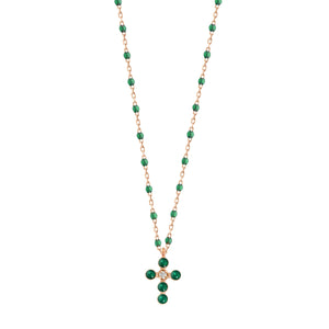 Gigi Clozeau - Pearled Cross Diamond Necklace, Emerald, Rose Gold, 16.5"