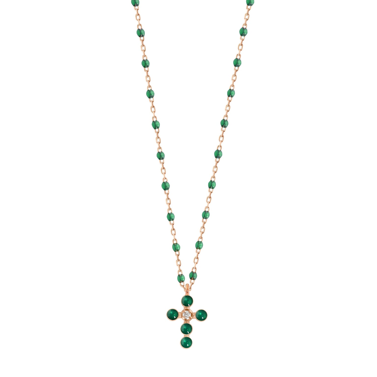 Gigi Clozeau - Pearled Cross Diamond Necklace, Emerald, Rose Gold, 16.5"