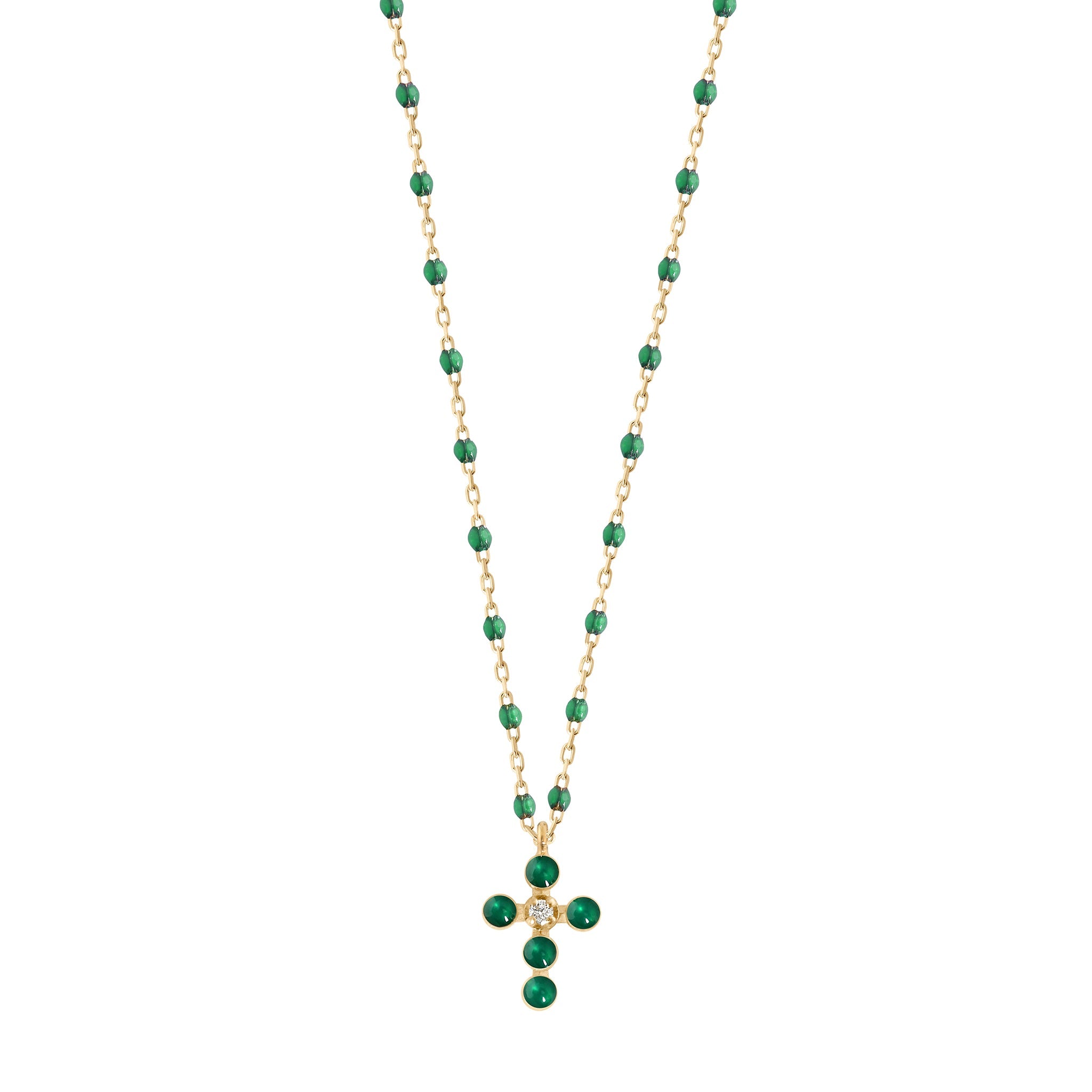 Gigi Clozeau - Pearled Cross Diamond Necklace, Emerald, Yellow Gold, 16.5"