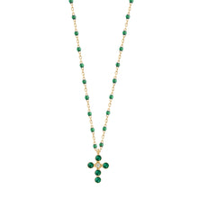 Gigi Clozeau - Pearled Cross Diamond Necklace, Emerald, Yellow Gold, 16.5"