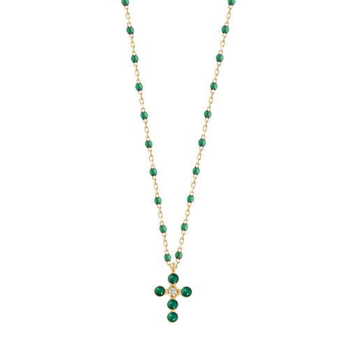 Gigi Clozeau - Pearled Cross Diamond Necklace, Emerald, Yellow Gold, 16.5