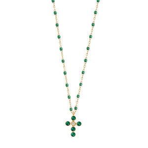 Gigi Clozeau - Pearled Cross Diamond Necklace, Emerald, Yellow Gold, 16.5"