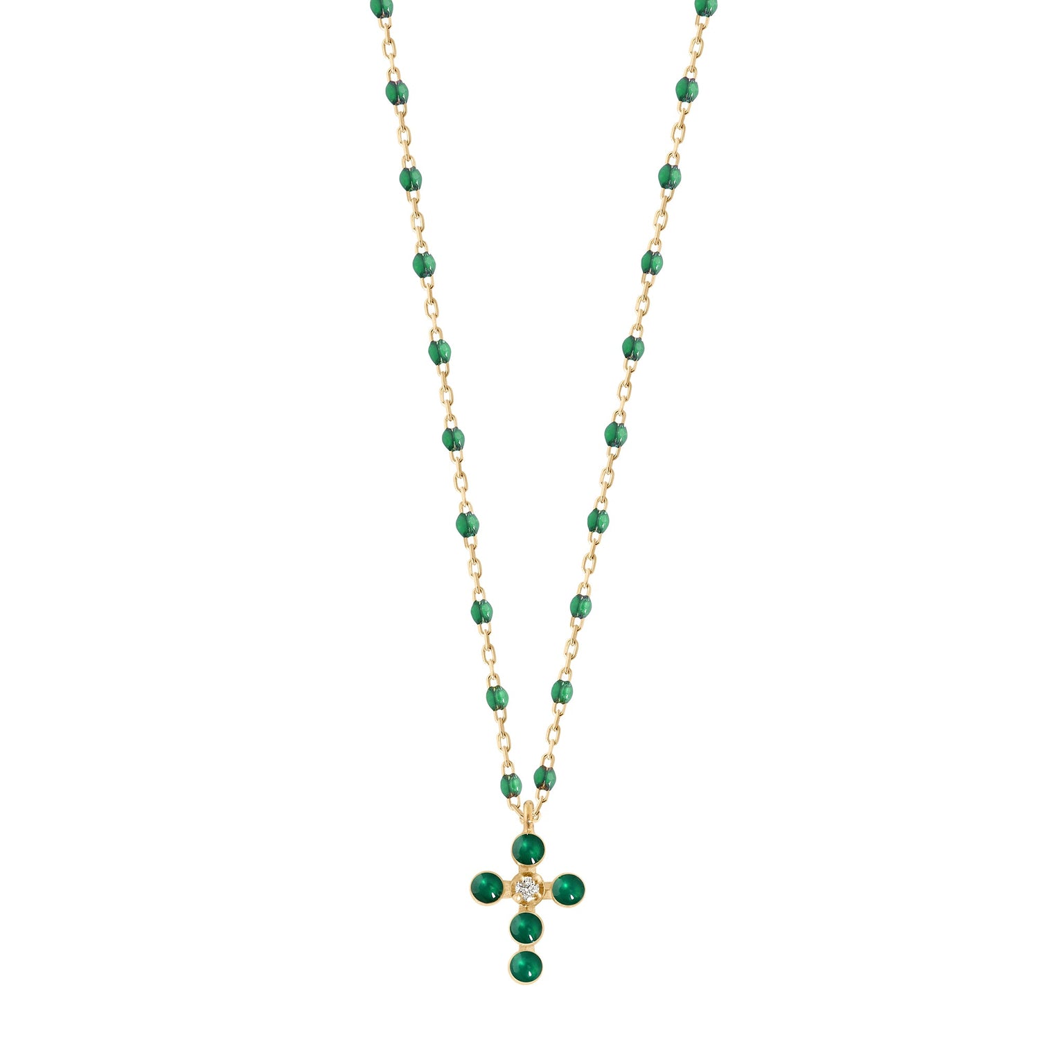 Gigi Clozeau - Pearled Cross Diamond Necklace, Emerald, Yellow Gold, 16.5"