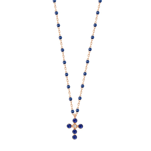 Gigi Clozeau - Pearled Cross Diamond Necklace, Lapis, Rose Gold, 16.5