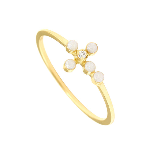 Gigi Clozeau - Pearled Cross Diamond Opal Ring, Yellow Gold, Size 4.75