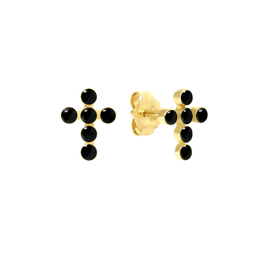 Gigi Clozeau - Pearled Cross Earrings, Black, Yellow Gold