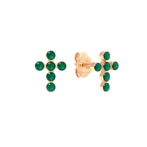 Gigi Clozeau - Pearled Cross Earrings, Emerald, Rose Gold
