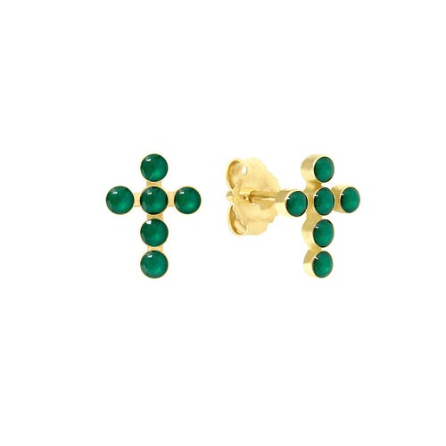 Gigi Clozeau - Pearled Cross Earrings, Emerald, Yellow Gold