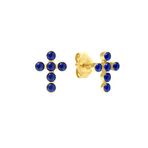 Gigi Clozeau - Pearled Cross Earrings, Lapis, Yellow Gold