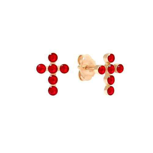 Gigi Clozeau - Pearled Cross Earrings, Ruby, Rose Gold