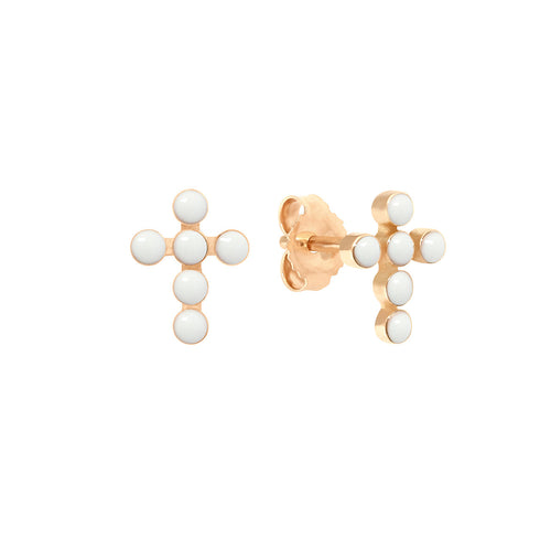 Gigi Clozeau - Pearled Cross Earrings, White, Rose Gold