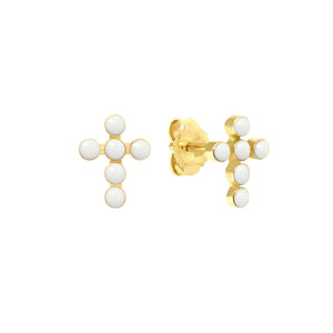 Gigi Clozeau - Pearled Cross Earrings, White, Yellow Gold