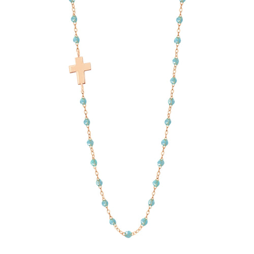 Gigi Clozeau - Side Cross Charm Classic Gigi Aqua necklace, Rose Gold, 16.5