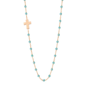 Gigi Clozeau - Side Cross Charm Classic Gigi Aqua necklace, Rose Gold, 16.5"