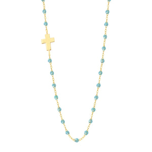 Gigi Clozeau - Side Cross Charm Classic Gigi Aqua necklace, Yellow Gold, 16.5"