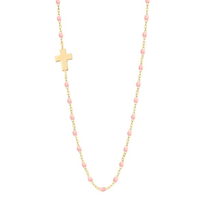 Gigi Clozeau - Side Cross Charm Classic Gigi Baby Pink necklace, Yellow Gold, 16.5"