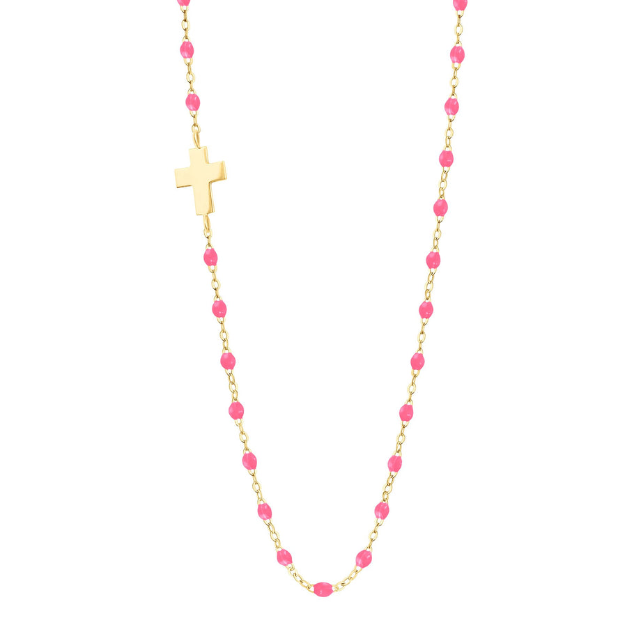 Gigi Clozeau - Side Cross Charm Classic Gigi Pink necklace, Yellow Gold, 16.5
