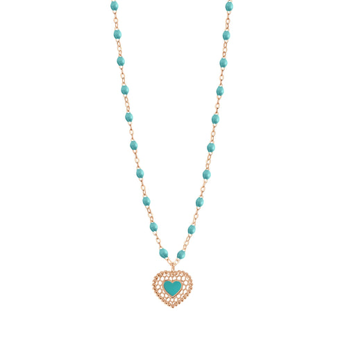 Gigi Clozeau - Turquoise Green Lace Heart Necklace, Rose Gold, 16.5