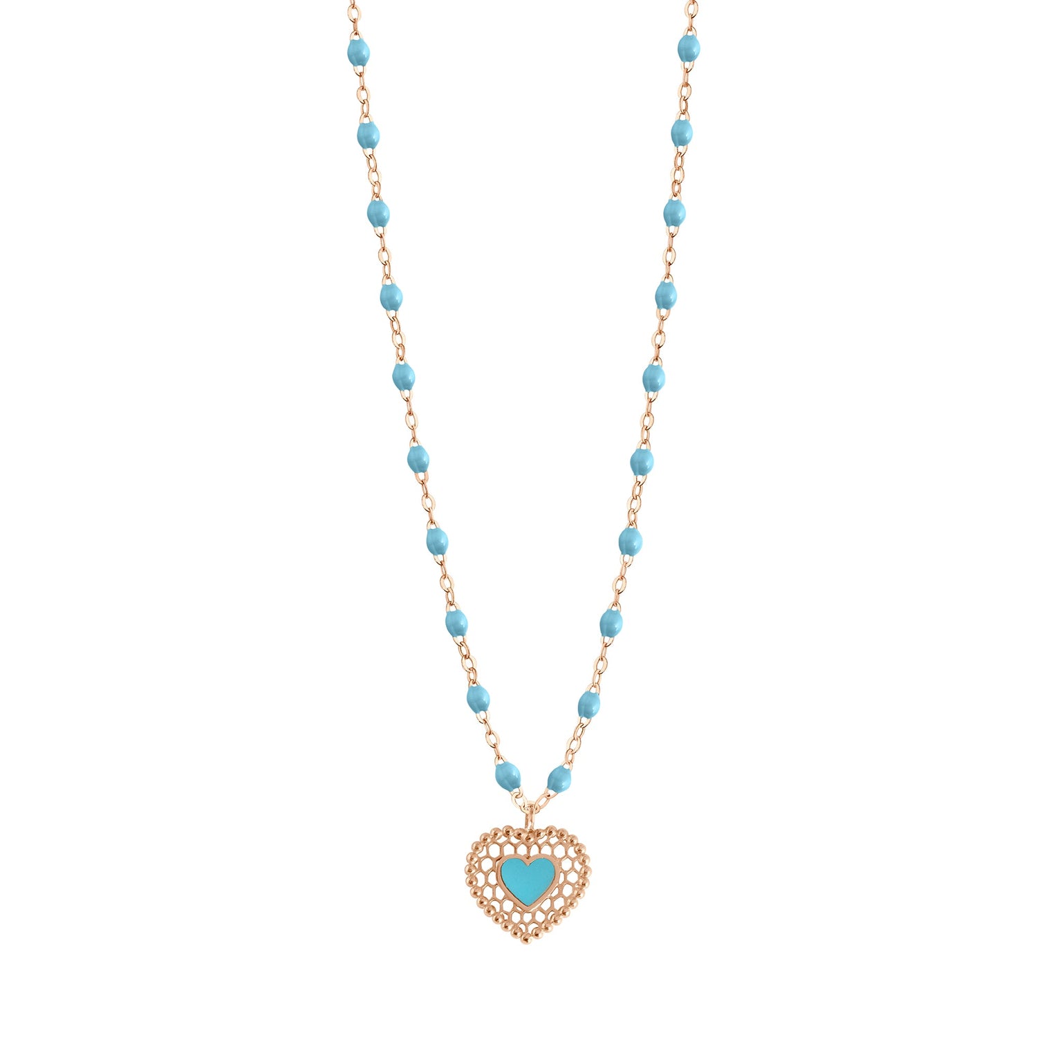 Gigi Clozeau - Turquoise Lace Heart Necklace, Rose Gold, 16.5"