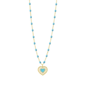 Gigi Clozeau - Turquoise Lace Heart Necklace, Yellow Gold, 16.5"