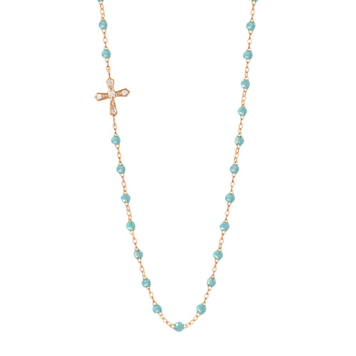 Gigi Clozeau - Vintage Cross Diamond Necklace, Aqua, Rose Gold, 16.5