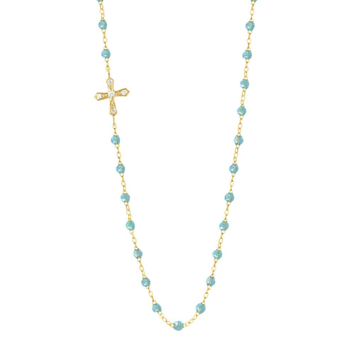 Gigi Clozeau - Vintage Cross Diamond Necklace, Aqua, Yellow Gold, 16.5