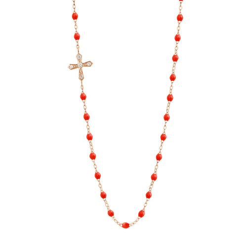 Gigi Clozeau - Vintage Cross Diamond Necklace, Coral, Rose Gold, 16.5