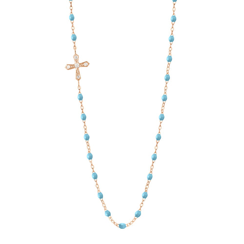 Gigi Clozeau - Vintage Cross Diamond Necklace, Turquoise, Rose Gold, 16.5