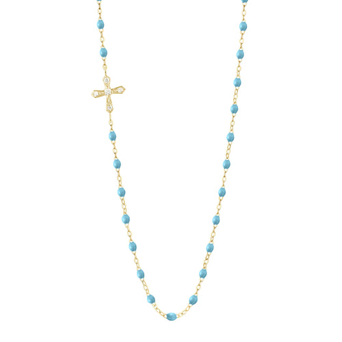 Gigi Clozeau - Vintage Cross Diamond Necklace, Turquoise, Yellow Gold, 16.5